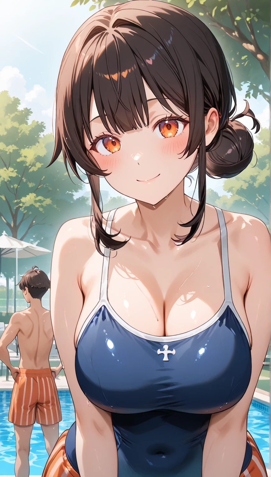 attractive korean woman, ripped muscle, muscular body, small breast, pale skin, smile(blush), nude, cross pendant, sixpack abs, [ultra detailed skin:1.2], brown hair, hair bun, 8k uhd, full body, stand, crowd, public, night, poolside,