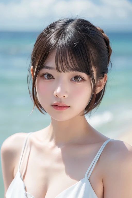 masutepiece, Best Quality, Illustration, Ultra-detailed, finely detail, hight resolution, 8K Wallpaper, Perfect dynamic composition, Beautiful detailed eyes, Swimsuit, Random and cute hairstyles, medium breasts, Natural Color Lip,Beach, Random and cute poses,