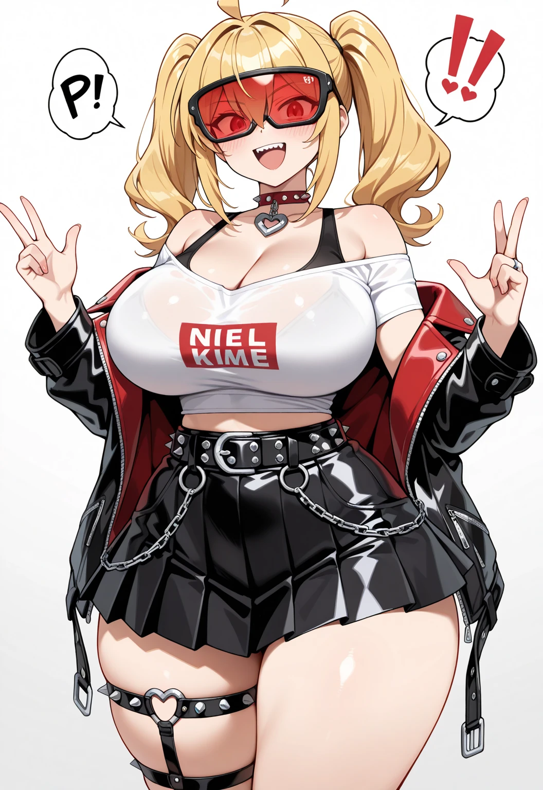 beautiful, masterpiece, best quality, , perfect lighting, 1girl, solo, light abs, tomboy, short hair, black hair, tall, large breasts, blush, ahegao face, bodysuit, kaela kovalskia, ((red-tinted eyewear, eyewear on head:1.3)), red hairband, magazine cover, white dress