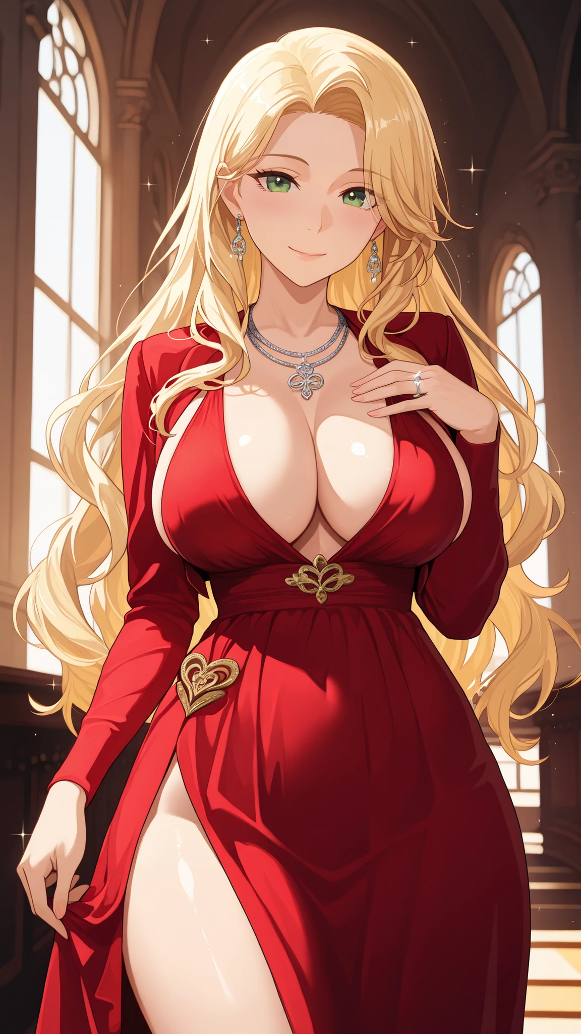 A woman with big ，Gorgeous woman，((Exhibitionism))，Expose，(Middle-aged woman)，((30 years old))，transparent，Gorgeous Rococo dress，Long blond hair，Exquisite，pubic，