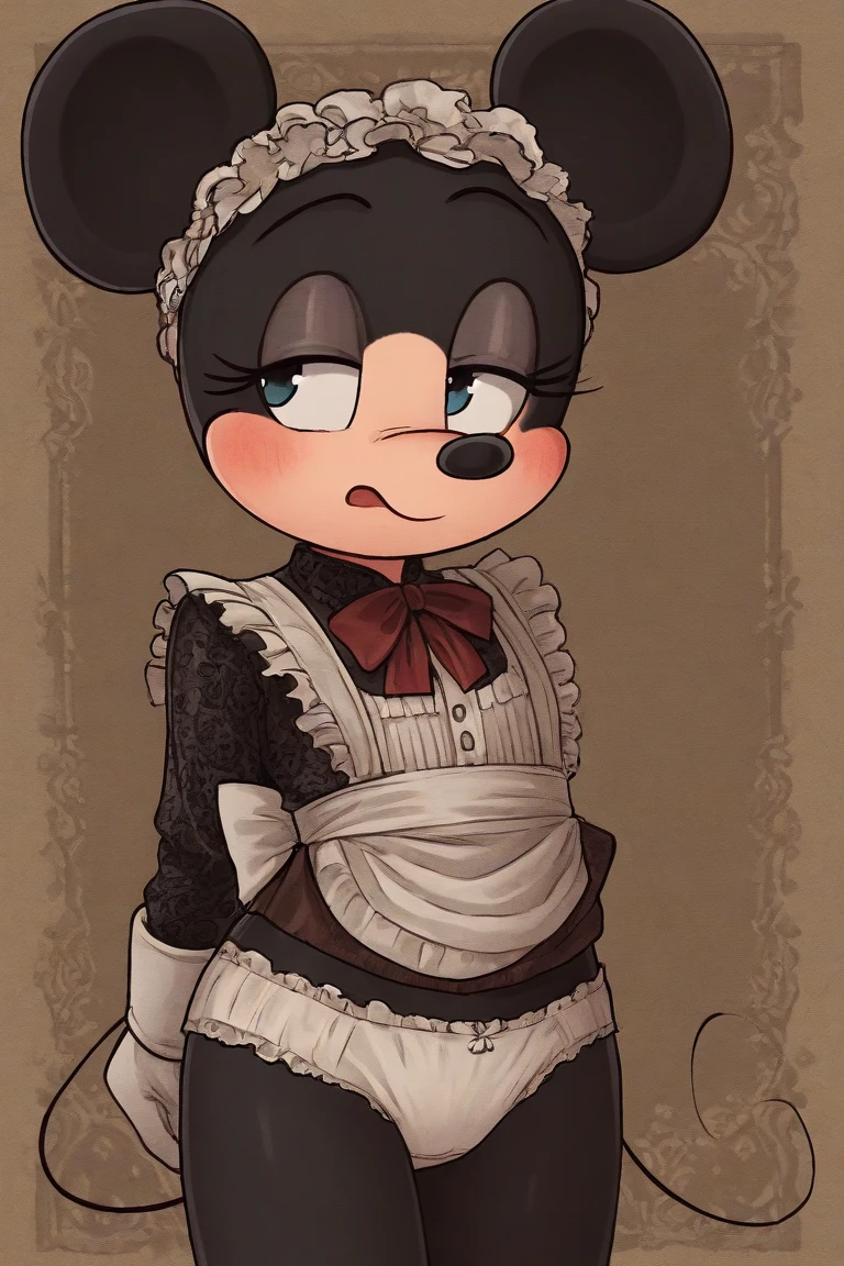 (LiLiStormstout:0.8), green eyes, black and white fur, anthro panda girl, pinup, happy, smile, (french maid:1.3), wide hips, thin waist, athletic, flat stomach, lean, medium breasts, rilex lenov