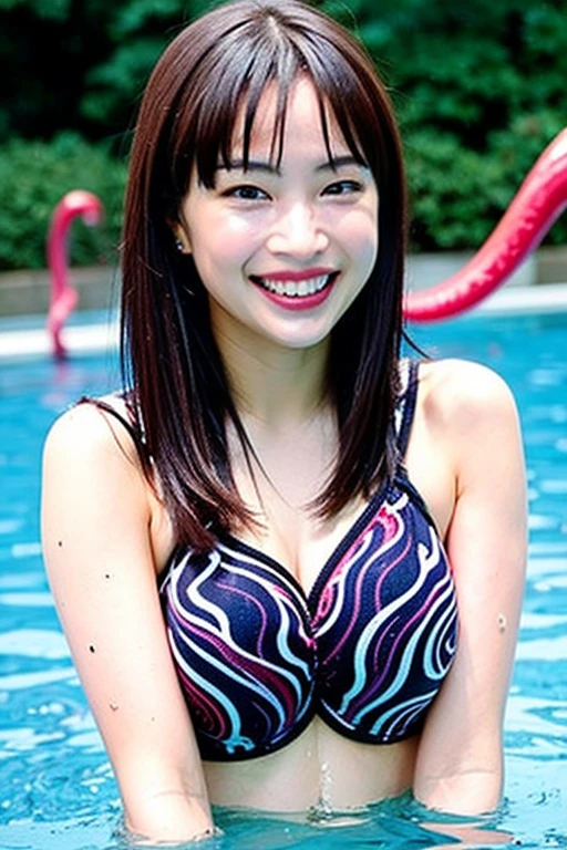 A cute and beautiful Japanese woman in her late twenties with semi-long hair and a voluptuous figure is diving underwater. She is facing the camera with a beaming smile, looking very stylish in a micro bikini. There are many beautiful tropical fish swimming around her.