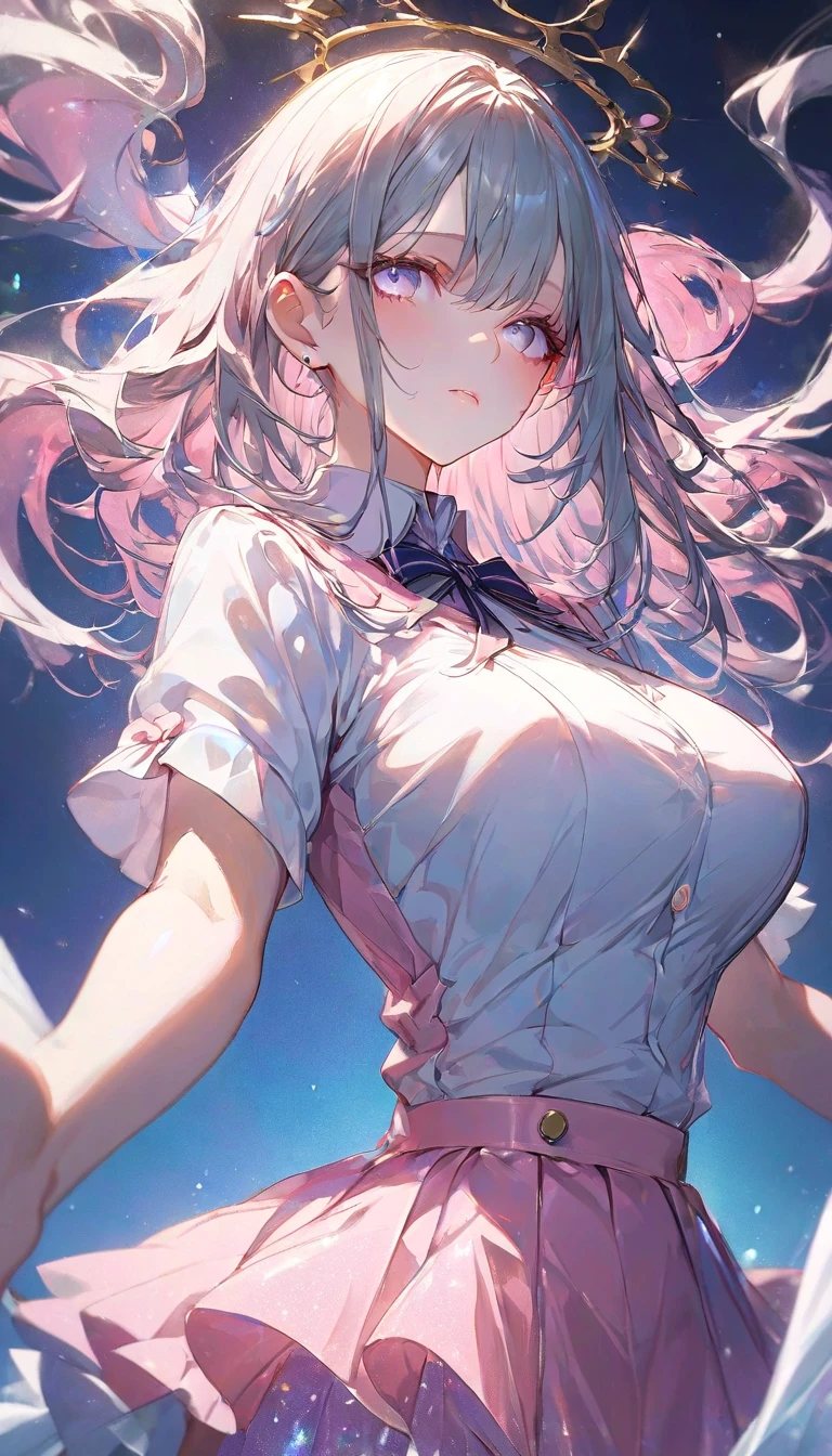 4K,High resolution, (Highly detailed CG,8k,wallpaper)、One Teenage Woman,(((Slender,Upper Body,tall,Big Breasts,torso is long,(Naked Y-shirt)))),(Clean detailed eyes),(Huge breasts),(Huge breasts),(Huge breasts),(Huge breasts),(((Huge breasts))),(Super Breasts),(Very large breasts),(Beautiful and shapely breasts),Light-colored hair、Cute hairstyle