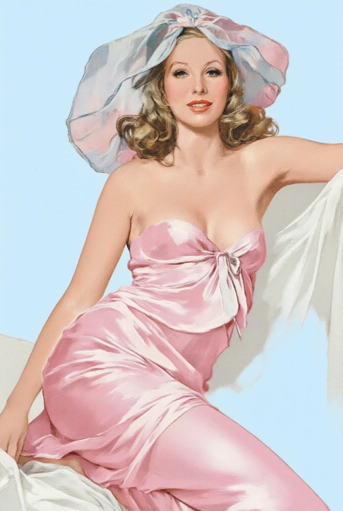 A Gil Elvgren pin-up style painting of a beautiful blonde woman in a towel, wet,