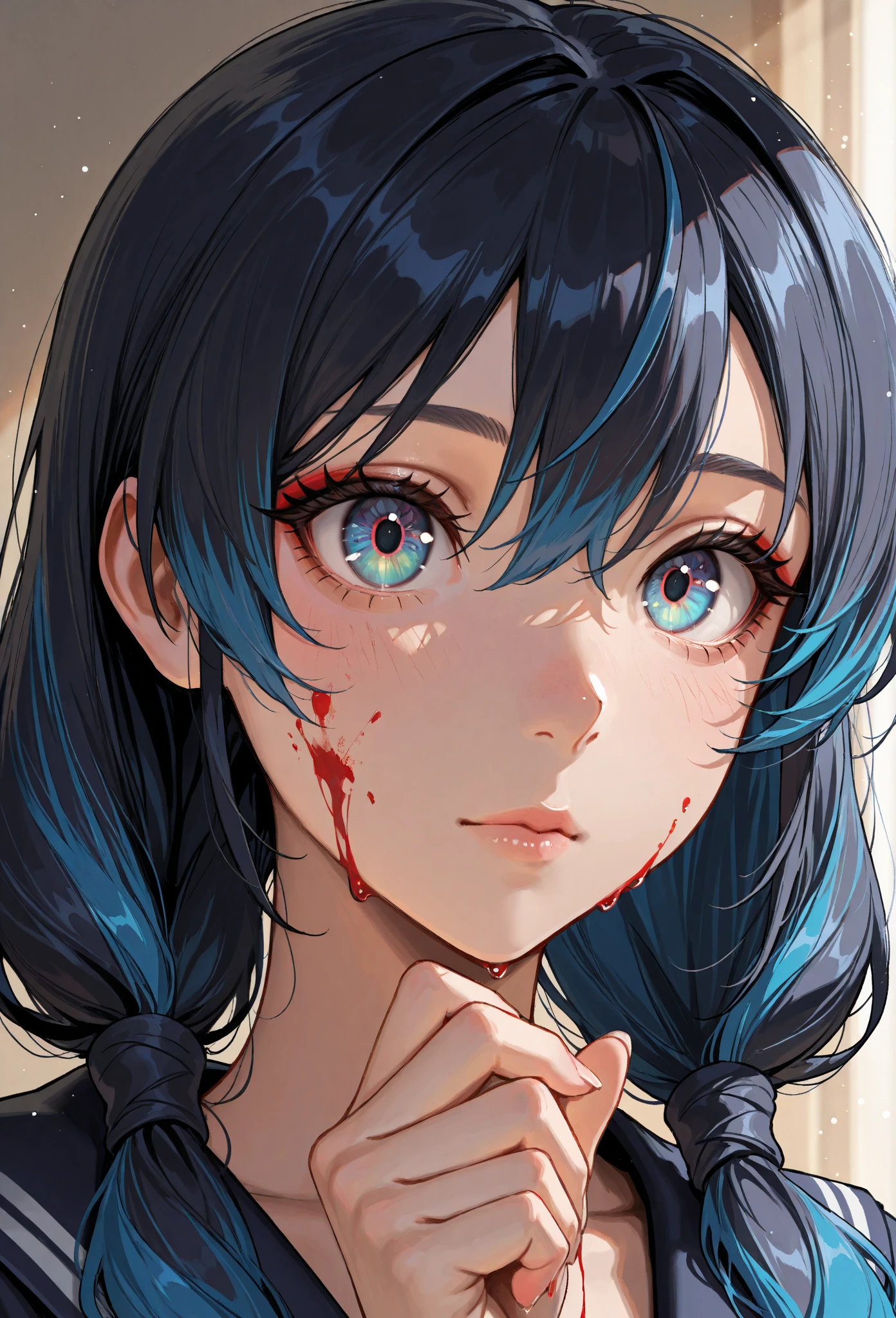 Killer covered in blood,portrait of a beautiful woman,alone,20-year-old,Beautiful Face,Upper Body,Hair on one eye,Short Bob, Blue Hair, Sharp focus,10 fingers