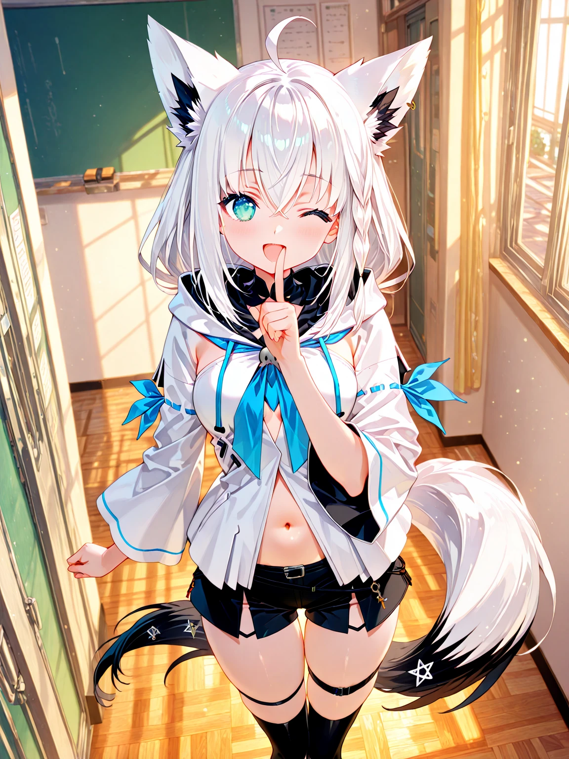 NSFW,masterpiece,Highest quality,High resolution,Super detailed,Shirakami Fubuki\(Hololive\),Gray Hair、One-sided braid、Ahoge、Earrings,Fox ears,Fox tail,Jacket,Crop top,Shorts,Embarrassed,blush,Expecting face,Seduce,smile,Lingerie Shop,Underwear section,Date,From above