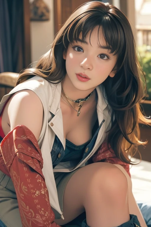 masterpiece、super realistic picture quality、(1 girl in)、(infp young woman)、girl with、(Mature face)、Clean face、lifelike face、(face perfect)、delicated face、fair white skin、Sitting on the couch、Thin leg、(curlyhair)、shorth hair、brown haired、Put your hands on your knees、suspenders、pubick hair、HD image quality、Realistic image quality、realperson、 slender leg、ultra HD rendering、acurate、textured skint、High Detail、hightquality、ighly detailed、hight resolution、8K、a picture、a picture、It's ridiculous。