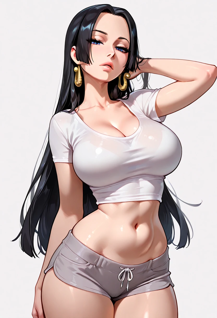 black hair,yellow eyes,(high quality eyes),masterpiece, best quality, high quality, highres, outdoors, looking at viewer, white shirt, crop top, midriff, navel, white pants, Jenny, tall female,big breasts, tassel earrings,