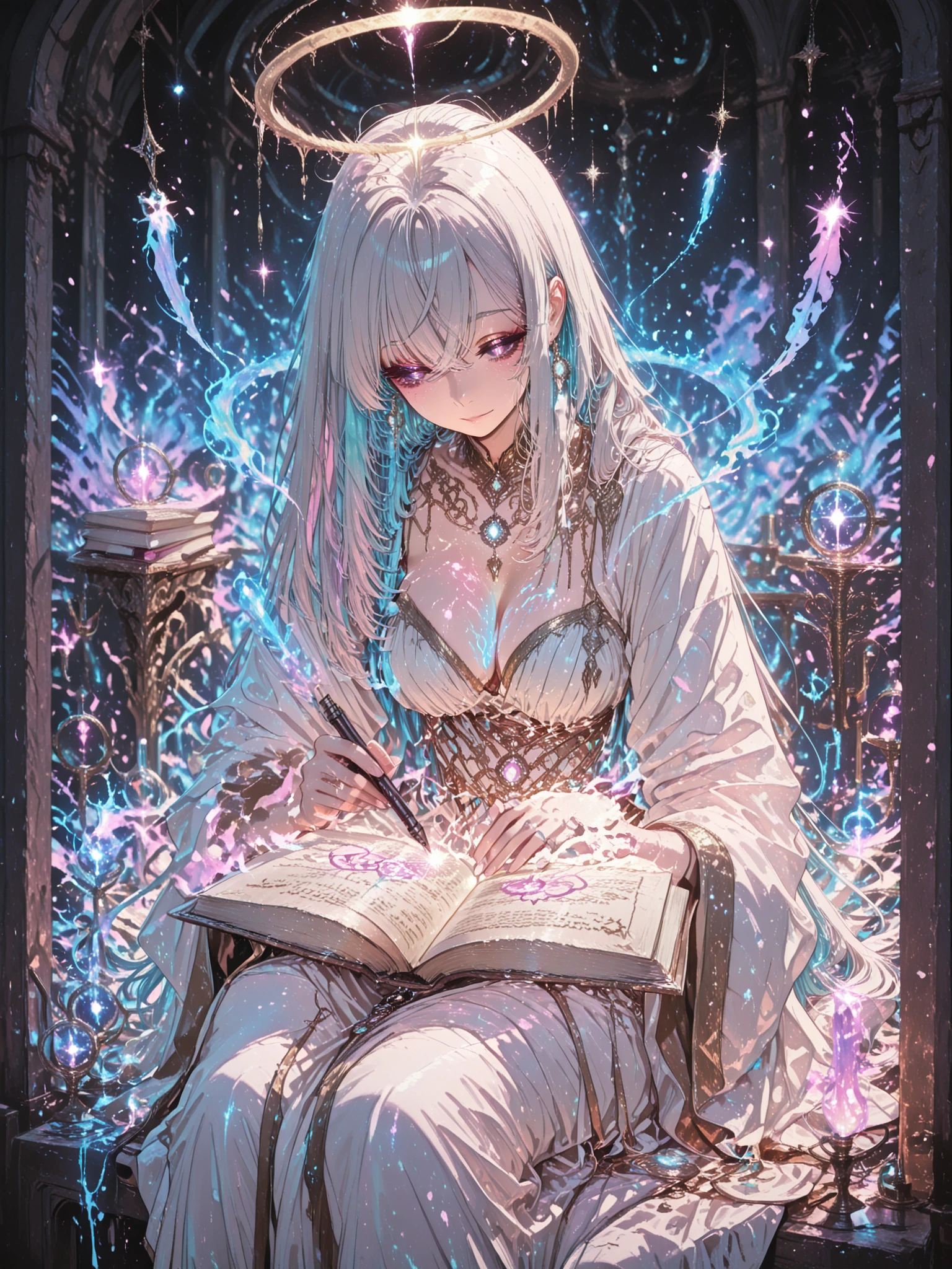 rich,A beautiful woman, ethereal female writer, with a floating pen, sitting in a floating archive, surrounded by glowing ancient books, silver long hair, fluttering in the air, white and gold robe with mystical ornaments, , a glowing book-shaped halo above her head, blue iridescent eyes with glowing runes, writing divine appearance, soft divine light on top, mysterious particles and glowing letters around, has thin facial features, a calm and wise expression, fantastic atmosphere, masterpiece, extremely detailed, long lashes, ( sensual eyes , double candlestick function), 8 k, contract, masterpiece, (высокое качество), best quality,  absurdities , extremely detailed
