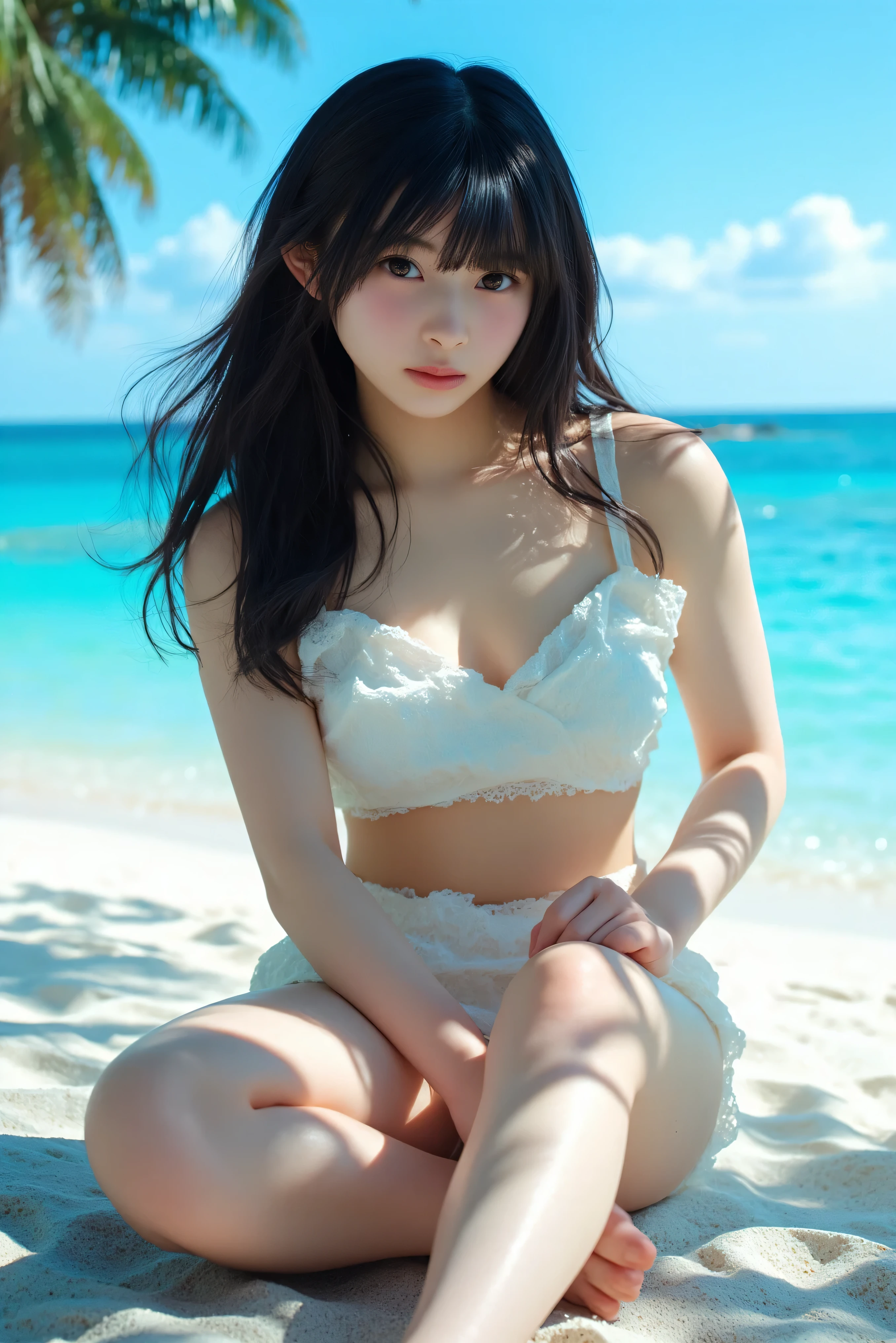 (1 girl:2), {best quality}, {{masterpiece}}, extremely detailed wallpaper, beautiful detailed eyes ,{{a beautiful hairpin}},best quality, ultra high res, (photo realistic:1.4),solo , (pov:1),(looking at camera:1), (symmetry:1.2), 18 years old, (pale skin),(aegyo sal:1.0), smiling, (small breasts:1.4), (close-up:1.2), look up, wide perspective, from below,
full body,
sunlight, light on face, sunset,
(realistic humid skin:1), (soaked body:1.3), (beautiful face:1.1), (long ponytail hair:1), ((super wet skin)), (pink hair:1), platinum_hair,lilac_hair,
head tilt, turning around, looking back, smelling, hand_to_mouth, v, waving, salute, leg hold, leg_lift, fetal position, on_stomach, squatting, sitting, indian_style, leg_hug, hug, sleeping, holding_hands, arms behind head, hand on another's hip, stretch,
white bikini, bikini,string bikini, necklace,hair_flower,earrings, hair_flower,
in hawaii, sea, sky, mountain, beautiful detailed sky, on the beach, in the ocean, flower,
PureErosFace_V1, (ulzzang-6500:0.3),