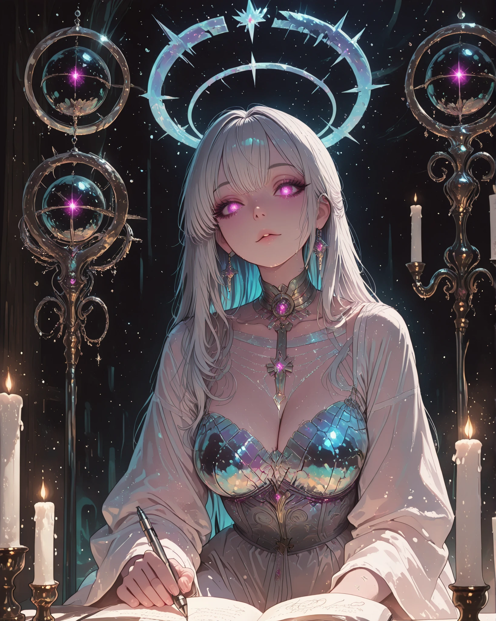 rich,A beautiful woman, ethereal female writer, with a floating pen, sitting in a floating archive, surrounded by glowing ancient books, silver long hair, fluttering in the air, white and gold robe with mystical ornaments, , a glowing book-shaped halo above her head, blue iridescent eyes with glowing runes, writing divine appearance, soft divine light on top, mysterious particles and glowing letters around, has thin facial features, a calm and wise expression, fantastic atmosphere, masterpiece, extremely detailed, long lashes, ( sensual eyes , double candlestick function), 8 k, contract, masterpiece, (высокое качество), best quality,  absurdities , extremely detailed
