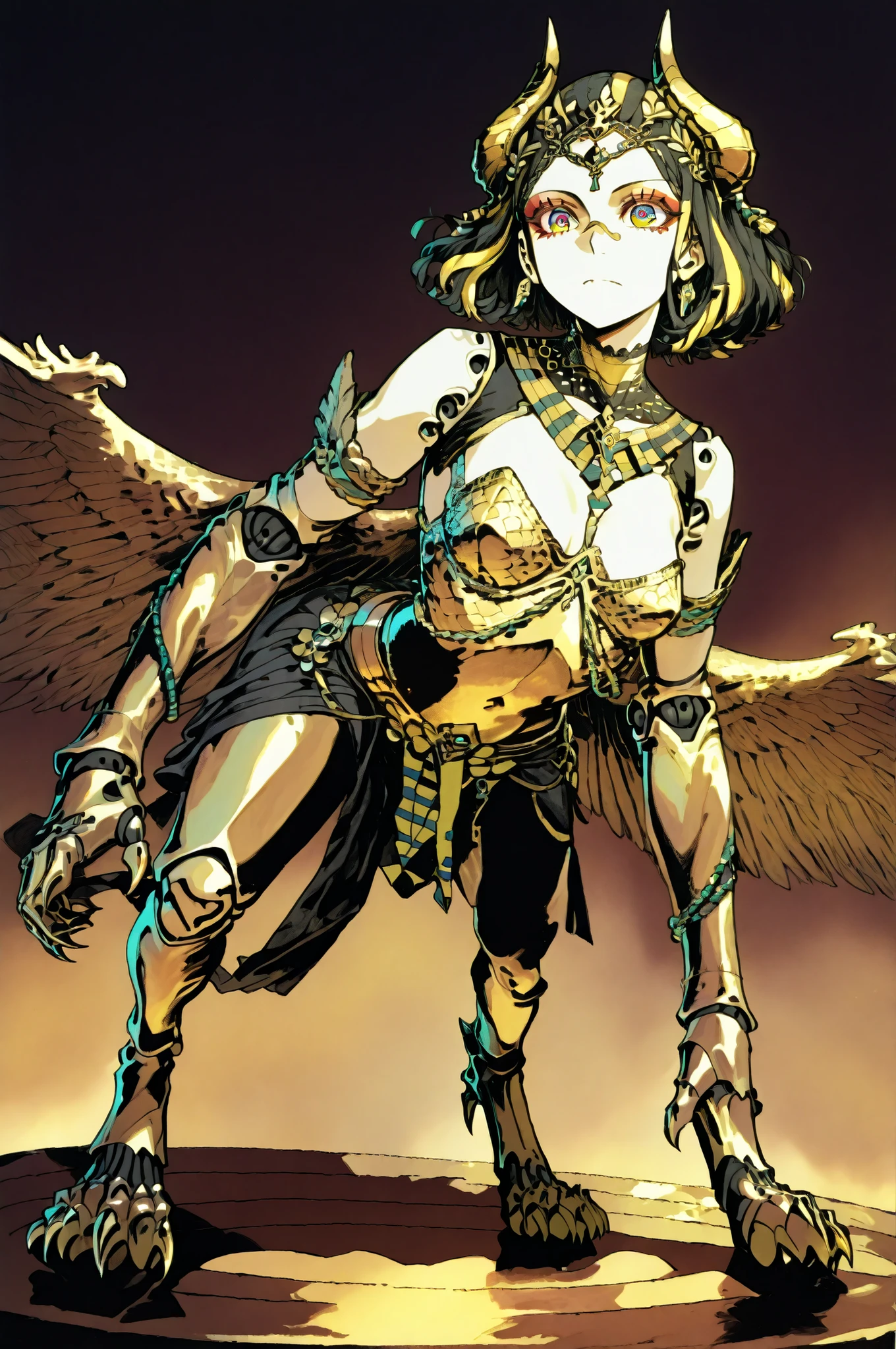 A magnificent and mythical humanoid figure is captured in an intricate and dynamic pose, reminiscent of a futuristic gargoyle or a legendary creature. This character possesses a striking blend of ornate armor and organic features, merging artistry with a sense of formidable power. Its body, predominantly black with a glossy sheen, is accentuated by intricate gold embellishments that trace decorative patterns across its surface. Glowing cyan highlights add a touch of otherworldly energy, emphasizing joints and contours with a neon-like radiance.
The head is adorned with an elaborate, golden headdress featuring curving horns and stylized motifs, evoking ancient Egyptian or Mayan influences. Almond-shaped, luminescent eyes suggest intelligence and mysticism. The figure crouches on metallic claws, poised for movement, while its massive, wing-like structures extend upward, showcasing smooth, wing-like curves edged with golden filigree. The muted background, a swirl of neutral grays, serves to highlight the detailed and vivid central figure, lending an air of timelessness and fantasy, small breasts.