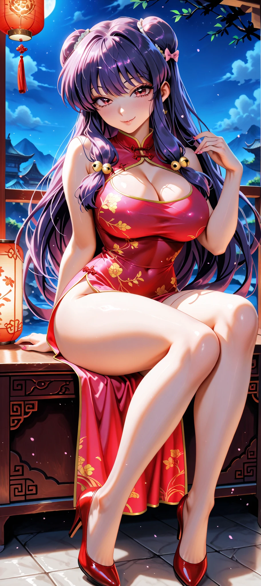 Chinese Idol Red China Long Dress Purple hair eye glass Sitting on a desk in a classroom M-shaped legs ((A MILF)) bbw full of sweat Skin shiny with sweat