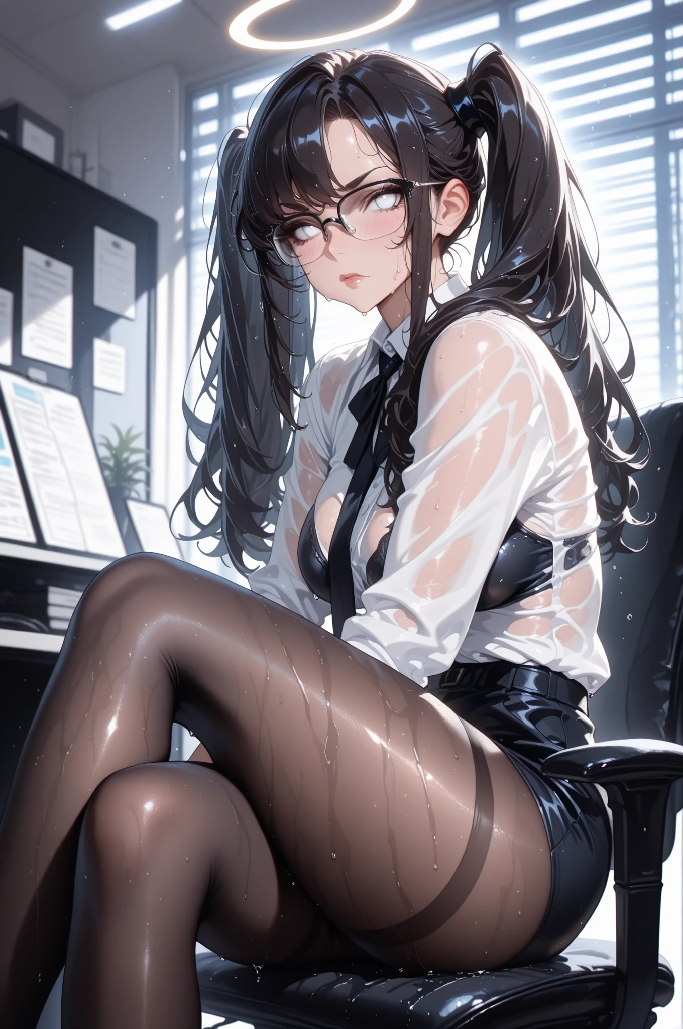 nsfw, (masterpiece, top quality, best quality, highly detailed:1.6), extremely detailed CG unity 8k wallpaper, strong facial expression, (at midnight), night, at dawn, (sharp eye:1.2), (scowl:1.1), (embarrassed, blush:1.3), (steam:1.8), (wet:1.2), (sweat:1.1), (trembling:1.3), (open mouth, wavy mouth:1.4), (harf open eyes:1.5), (feeling weak:1.5), (shoot from front, looking at viewer:1.2), (squatting, skirt lift, clutching skirt:1.6), (office, roof of the building), edgpdress, (1 woman, indoor, business suit, Blouse, eye wear, earrings:1.4), ((black suit, Pencil Skirt, tight skirt)), high-heels, (long hair, ponytail, brown hair, pubic hair, Brown:1.5), (woman trembling with sexual climax:1.5), colorful, full body, wide shot, perfect composition, (chrotch, pussy, urethra, panty, panties), urination, incontinence, piss, peeing self, (((pee stream))), (pee puddle), wetting herself, pee stain, large breasts, Yellow pee, ((leaking pee)), puddle of pee, Pee at your feet, Pee spread on the floor, Pee stains, Dripping pee between my legs, Feet wet from pee, Pee-covered feet, Pee at your feet, want to pee, about to pee, Full bladder, Pee-soaked skirt, Pee-soaked high-heels, natural makeup, A pair of partially removed panties is hanging around one of her ankles,