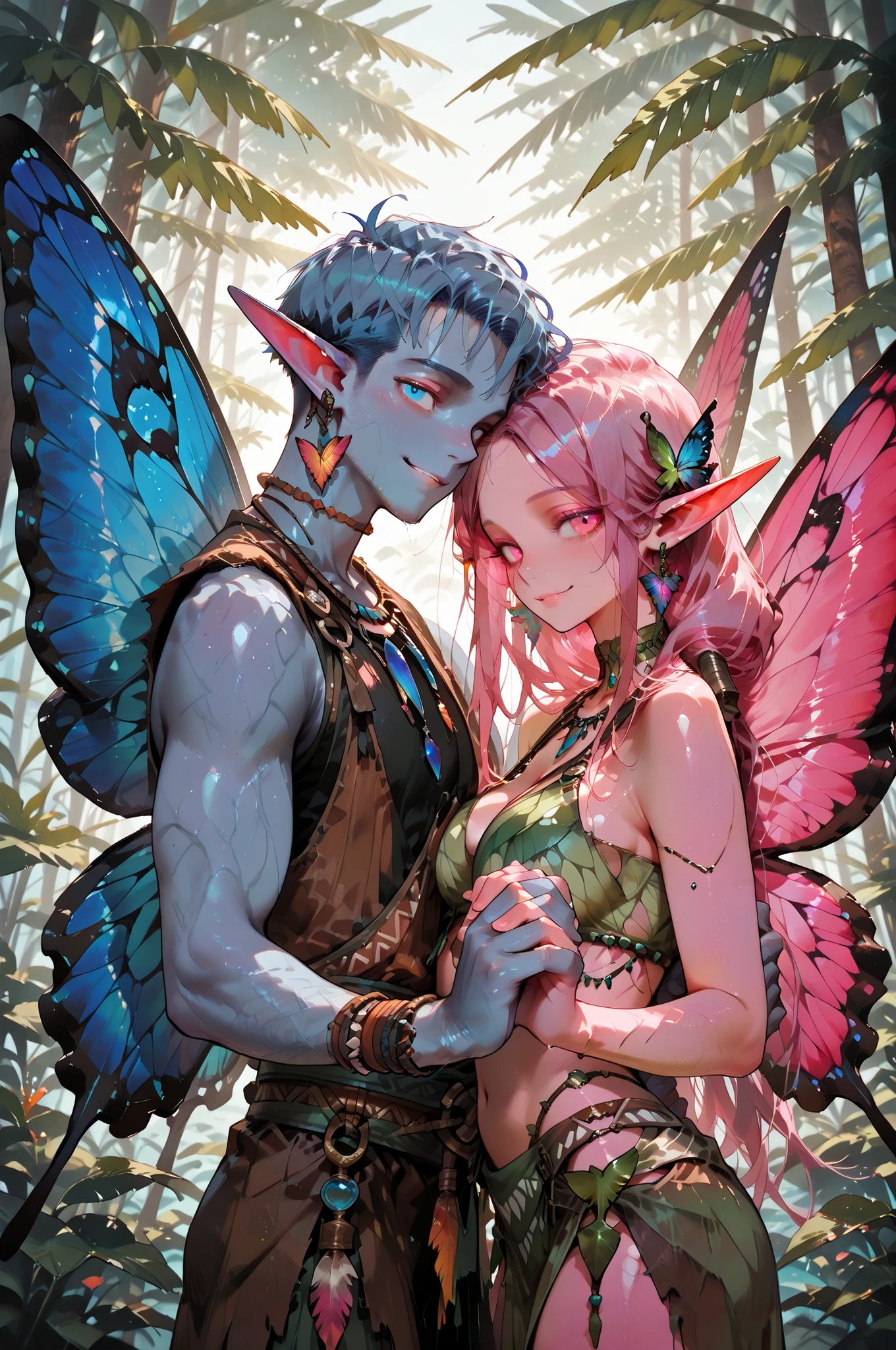 masterpiece, best quality, amazing quality, very aesthetic, high resolution, newest, hyper-detailed, (long shot), couple holding hands ((fairys)),gentle smile; mature man blue hair, short hair, short bang hair, ((butterfly wings)), ((Elf ears)) blue skin, tribal clothes); mature woman pink hair, long hair, long bang hair, ((butterfly wings)), ((Elf ears)) pink skin, tribal clothes) fantasy theme, fron to the viewer, fan art, absurdres, amazing tropical forest background, depth of field