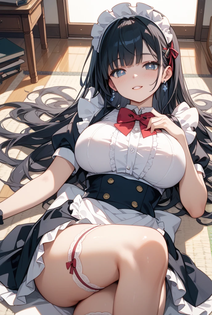 Masterpiece、Highest quality、Highest quality, (long and thin legs, shoes:1.2), squat、Spread your legs with both hands、1 girl, (smile、Open your mouth大笑い:1.2), Cute eyes, (Detailed face:1.3)、Open your mouth, The whole face turns red, alone, Oversized breasts, Big and ample breasts, (Straight bangs, ponytail), White maid outfit、(Bust only super micro bikini:1.2)、Side bust、Underbust、belly button、Walking the mansion's corridors、nsfw、shoes下
