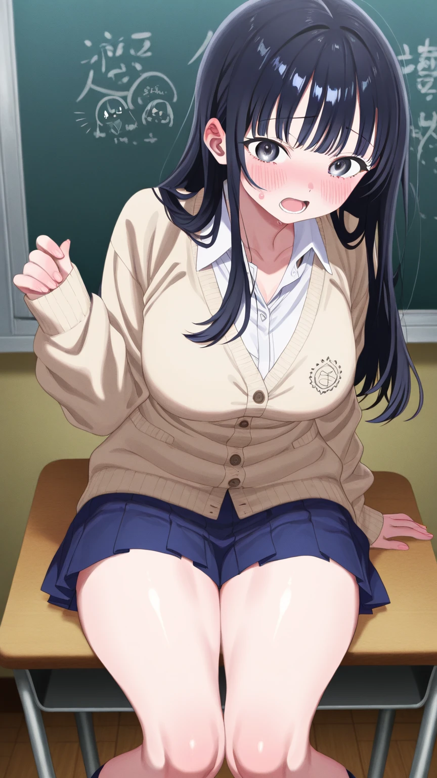(masterpiece, highest quality: 1.2), alone, 1 girl, alone, panties，，blush，Sailor suit，blazer，your heather, smile, Mouth closed, View your viewers, Long black hair, head band,  Earrings, Big Breasts, Medium Waist, Medium Hips, wide thighs, Embarrassing, Charm, smiling with her Mouth closed, Good move.., Excellent anatomy,panties，classroom，，Sailor suit，blazer，skirt， (((skirtめくり, I can see your pants)))，Spread your legs，Spread your legs，