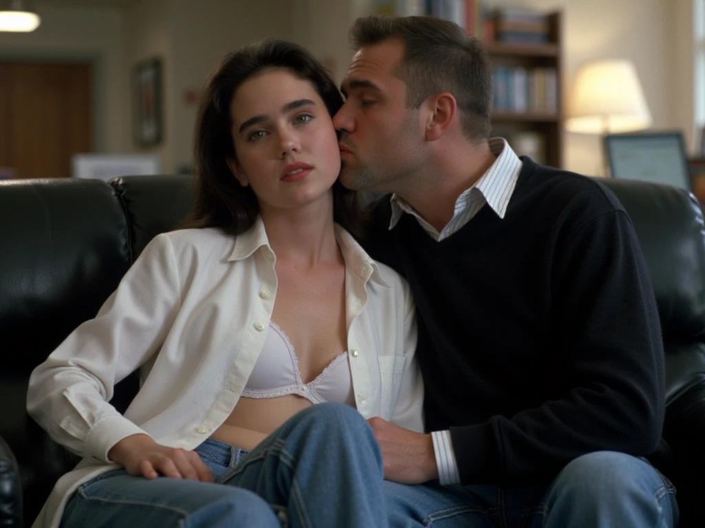 The man in his 45s with black very short hair and smooth face with moustache. The woman in her 45s with brown wavy long hair. In livingroom. The man is sitting on the sofa with his white shirt unbuttoned. The woman is naked, wearing only a thong underneath. Oral sex. Orgasm. Night. Dim and dark environment. Realistic. Ultra realistic.