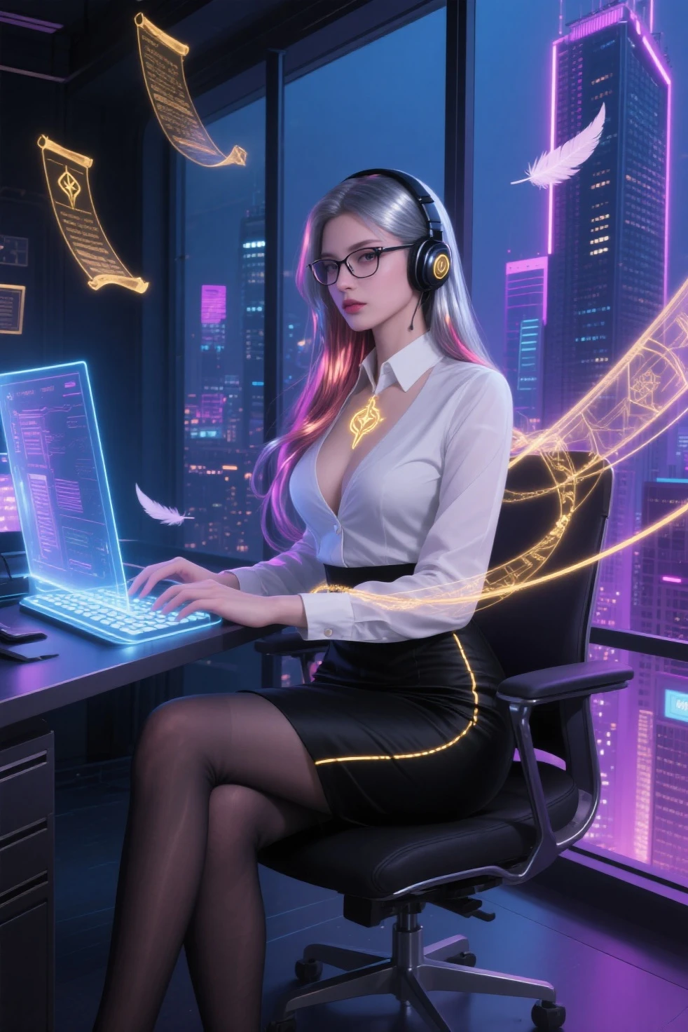 bella donna con capelli biondi, bellissimi occhi viola, 20 anni, corpo sensuale, seduta in un ufficio futuristico, colori al neon, trading, con sfondi di immagini di trading.
