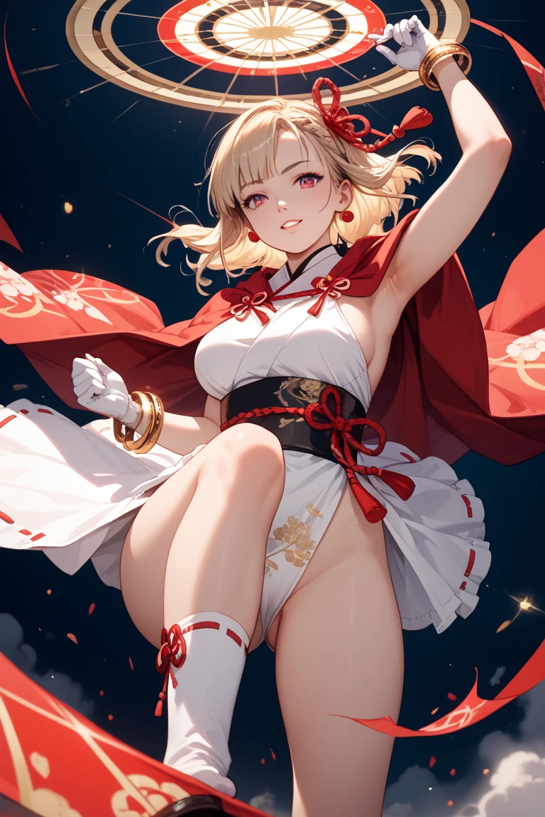 (((1girl))), ((best quality)), ((masterpiece)), ((ultra-detailed)), (illustration), (detailed light), (an extremely delicate and beautiful), (beautiful detailed eyes), (sunlight), ((extremely light)),  ((extremely clothes)), (((hyper detail))),(((((front lighting))))),(((((front light))))),

((((quite adorable Leather Kimono with a brief skirt and a headband)))), 
(((Adept Ninja))),
, 

(((wavy short manish bob))), ((((yellow gold hair)))),  (((short hair))),
(((dark red eyes))),

((((whole body)))), aged 5 to 8, ((((())))), ((((very adorable young girl)))),
((condescending expression)), ((mischievous smile with sexual satisfaction)),  (((extra adorable))), (((((extra slender shape))))), 
(((((extremely beautiful detailed face))))), 
(((dynamically attacking enemies by Katanas))), (((elegant magic boots))),

(Dutch angle), (((elegant magic gloves))), ((transparent magical underskirt)), (a little bit exposed adorable magical panties)