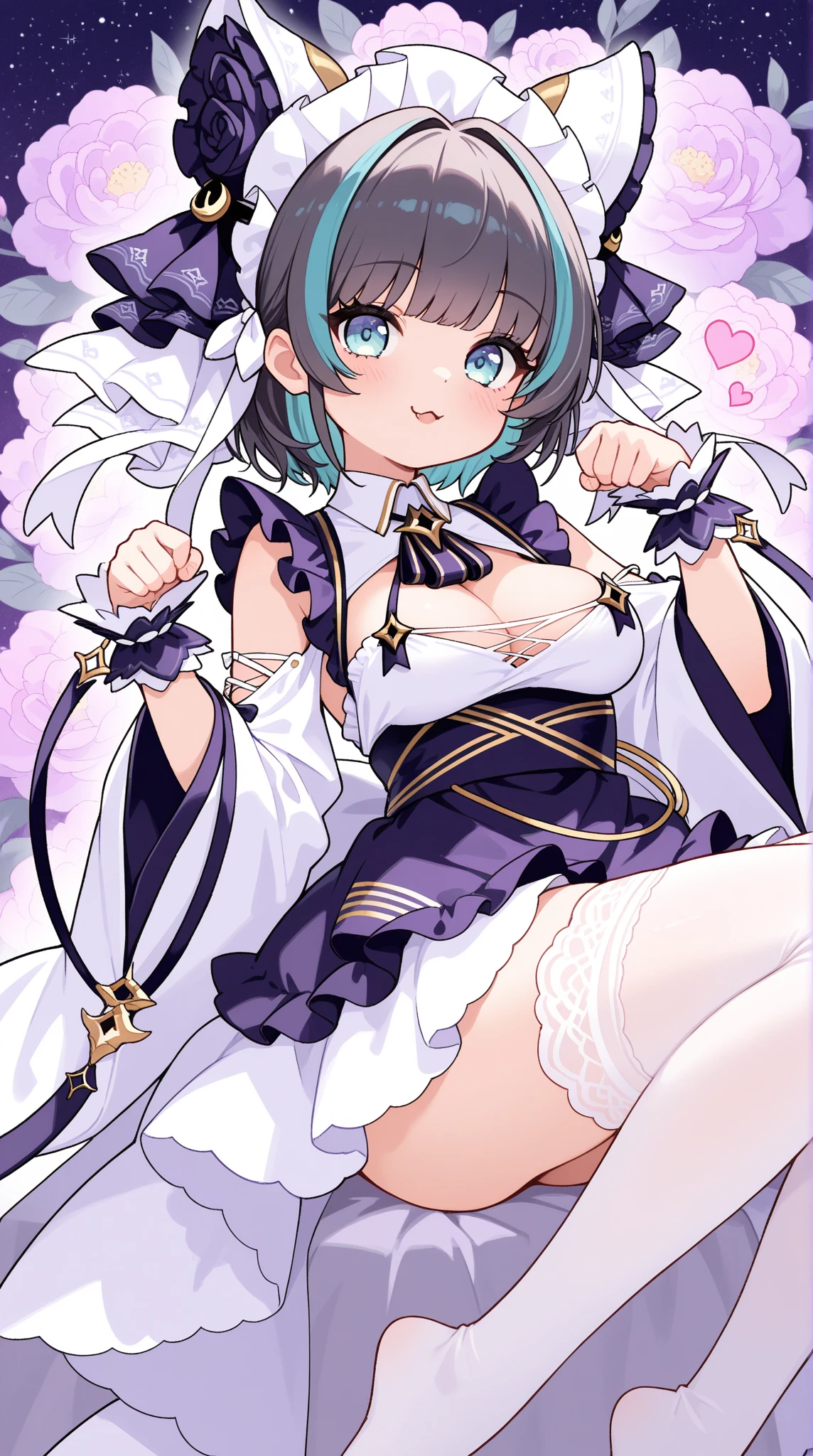 Utena Hiiragi, 1girl, solo, horns, purple hair, blush, short hair, looking at viewer, smile, star (symbol), yellow eyes, ahoge, hair between eyes, antenna hair, bangs, symbol-shaped pupils, star-shaped pupils,  solo, lying, , closed mouth, solo, spread arms, arms up, smile, lying, on back, on grass, looking at viewer, solo, in the center, cowboy shot, high quality,