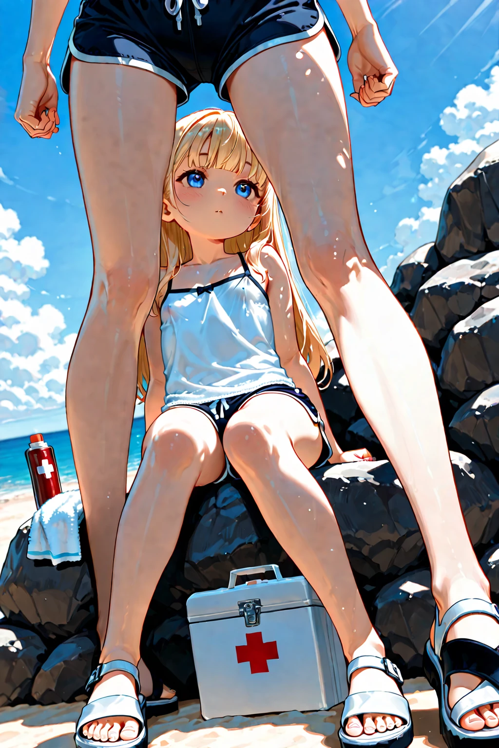 ass pov,nsfw,beautiful girl,Anime Face,Short woman,Blonde,long hair,straight hair,hair between eyes,small breasts,gleaming skin,steam,(brown vagina),(low quality,worst quality:1.4),extra limbs,missing limb,extra digit,fewer digit,missing digit,missing finger,fused fingers,mutated hands and fingers,1girl,sweat,from below,front,shorts,side-tie bikini bottom,embarrassed,Sandy Beach,barefoot,clenched teeth,squatting,(licking penis),