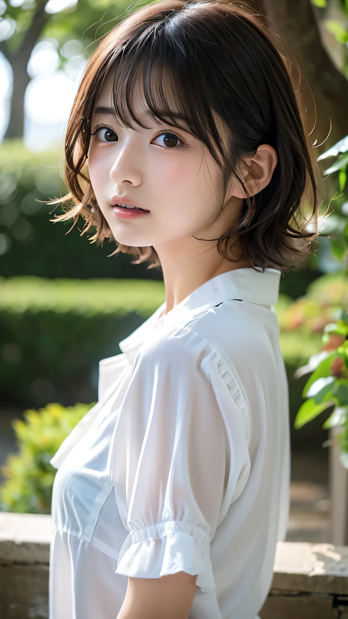 ((Best Quality, 8K, Masterpiece: 1.3)), Sharp: 1.2, Perfect Body Beauty: 1.4, Slim Abs: 1.2, ((Layered Hairstyle, ???????????: 1.2)), (Wet White Button Long Shirt: 1.1), (Rain, Street: 1.2), Wet: 1.5, Highly detailed face and skin texture, detailed eyes, double eyelids, side face looking at the camera