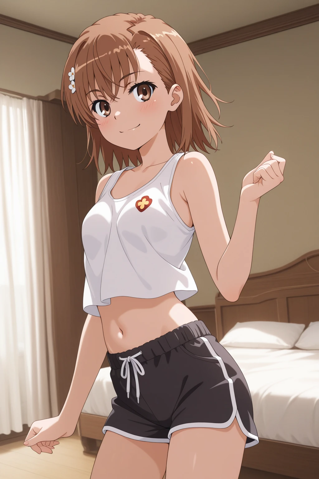 NSFW (Highest quality:1.5, High resolution, uhd, 4K, Detailed lighting, Shaders), ((Misaka Mikoto)) ,solo short hair Brown Hair Brown eyes Cool face Volleyball Uniforms Realistic gym Sweat Super oily skin Preparing for exercise No ball No sleeve Cowboy Shot: Realistic locker room blush depressed Face distorted by pleasure Resisting Pleasure Blushing cheeks wet Nipples licked Overflowing body fluids Spurting body fluids ((0 Close your eyes and lean back)) (((Ecstasy)))++ Completely naked topless
