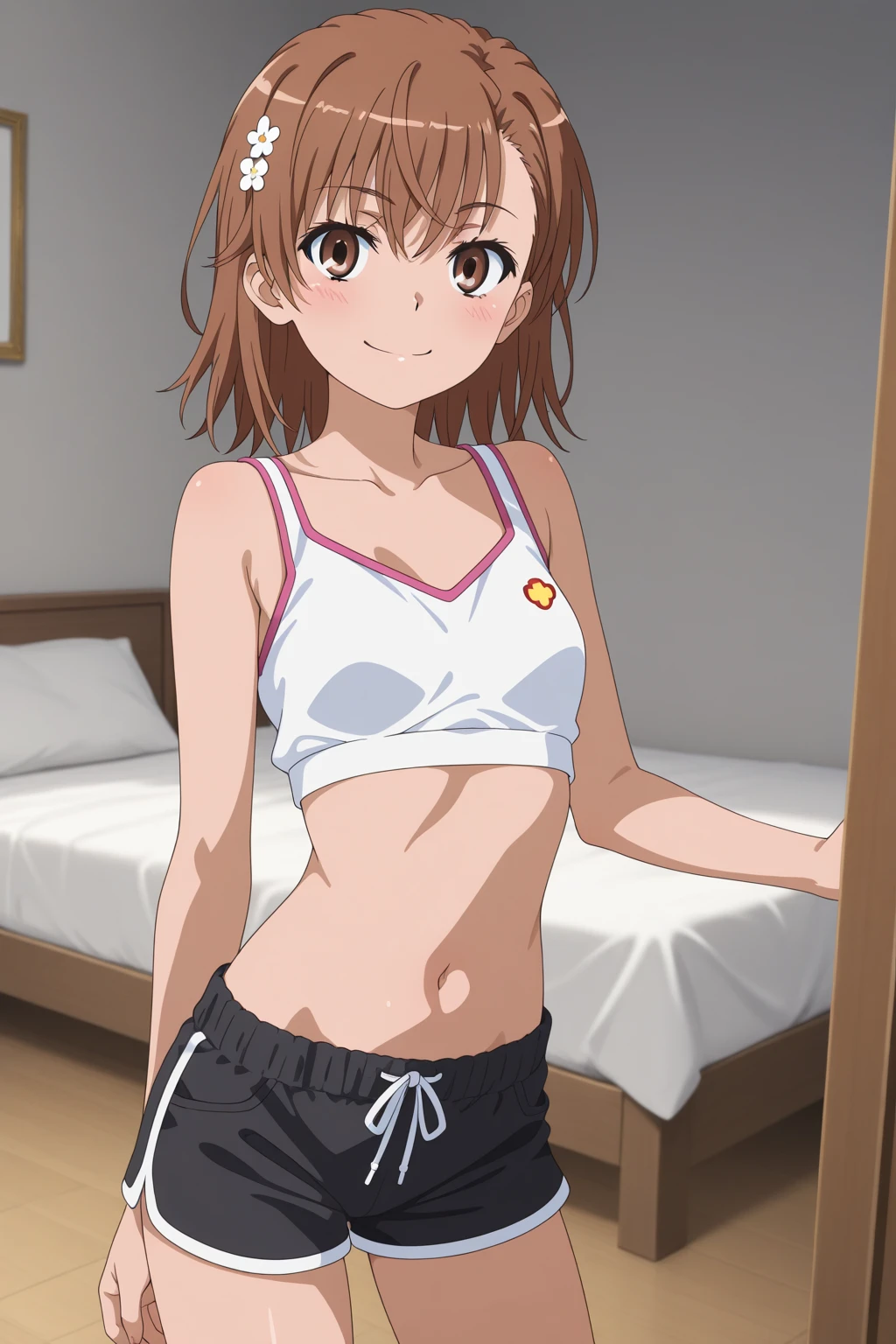 1 Girl, One, masterpiece, Best quality,
mahuka kouku no rettusei, Chiba Erika, Erica Chiba, Red eyes, tsurime, Red hair, short hair, dirty hair, ponytail, short ponytail, first high , in a crop top and thong, medium breasts, thigh high, black thigh high,
,
cowboy shot, I look at the viewer,
blush, seductive smile,
On open air, USA,