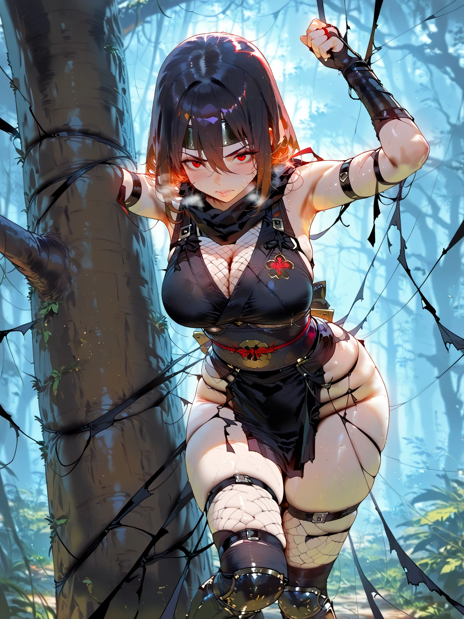 1 redhead girl with short hair, giant breasts, big ass, in the forest, with a bow and arrow