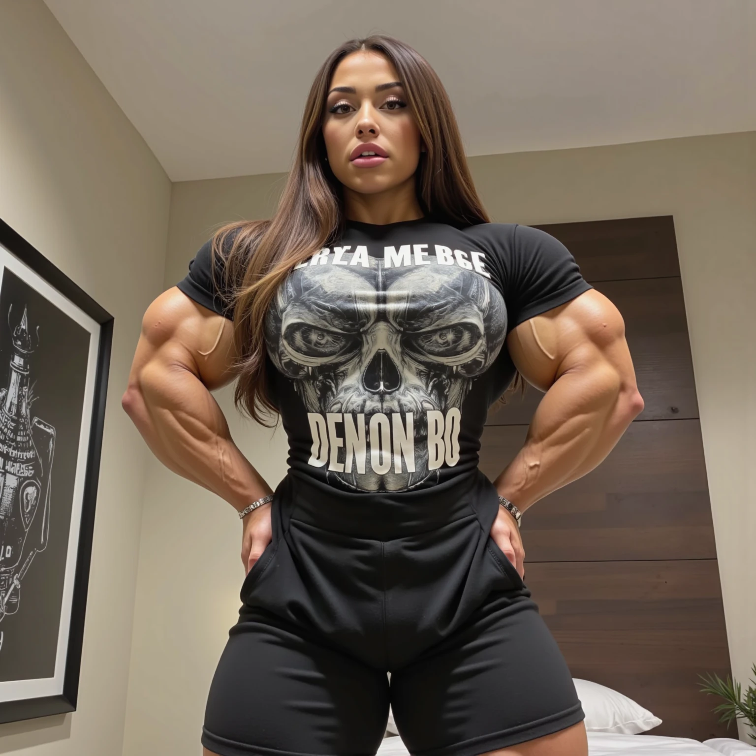 (megan fox:1.25), (muscular:1.5), (full body view:1.25), (red and black colors:1.46), (woman:1.1),(very muscular bodybuilder girl:1.25), (huge upper body:1.25), (narrow hips:1.0), long hair, (gothic intricate ornate vampiric armor:1.25), (gauntlets:1.0), (shoulder armor:1.1), ((tarot style frame:1.25)), (glowing red eyes:1.25), (huge muscular arms:1.5,), (10-pack abs:1.4), (lots of veins:1.25), (horror:1.0), (esoteric:1.1), (solo:1.4), (dynamic angle:1.0), (cowboy shot:1.0), thin legs, Realistic, Very detailed face and eyes, (masterpiece:1.1), (best quality:1.1), (ornate:1.1), (beautiful girl face:1.25)