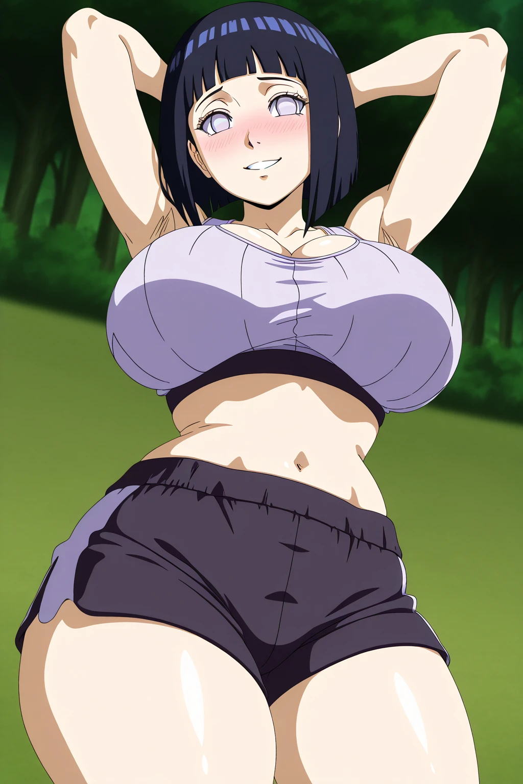 (kneeling on sand), pink t-shirt, black skirt, morning playground housing area, Nijou Aki, 27 yo, mature women, anime cels style, best quality, high resolution, (gigantic breasts:1.3), cowboy shot, blush, smiling, (purple eyes), blue hair