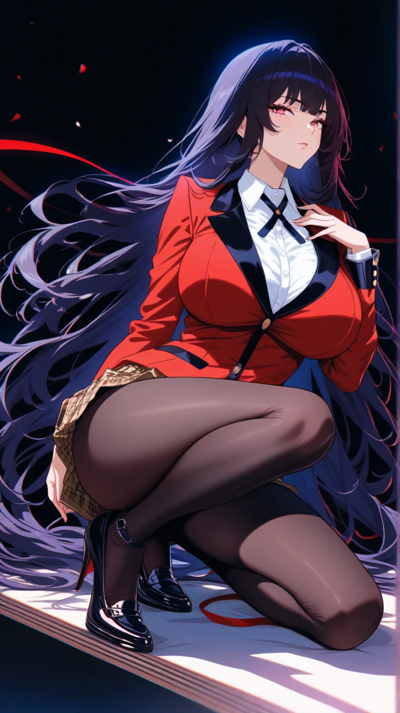 (Masterpiece: 1.6, Best Quality), (Fine and Beautiful Eyes: 1.2), (Overhead), High Quality, Beautiful Face, 1girl, Leather Tight Skirt, Extra Large Leather Jacket, Big Tits, Long Hair, Wide Hips, (Landscaped), Street, Background, Detail Background, Spooky Grin, Angled Laughter at the Corners of Mouth, Long Coat, Shirt, Tie, Office Lady, Mature