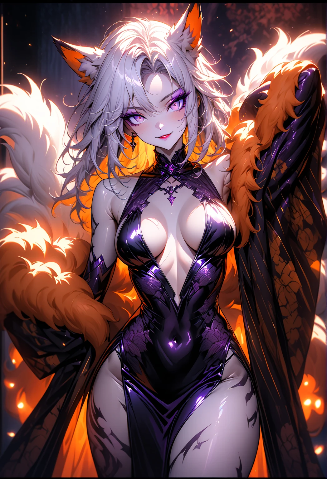  4K, (8K), Highest quality, Anime Style, Emphasize cleavage、Swimwear、Cat porridge、Purple hair color、Swimwear、Spread your legs、Wide-open legs、Knees point outwards、Showing off big breasts、nude、Big breasts beautiful whole body、Plump thighs、Footjob Gradient, Full Body Focus, Randomly colored beautiful eyes、Rainbow、colorful