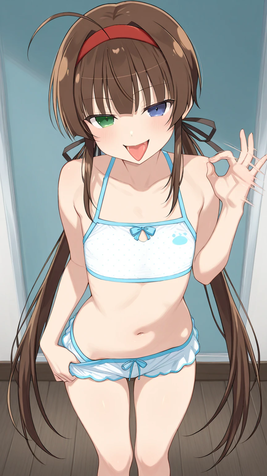 monika (doki doki literature club), green eyes, brown hair, very long hair, ponytail, hair ribbon, white ribbon, bikini, bra and panties, penis balls, dick,dickgirl,balls, (Bulge),covered panties,