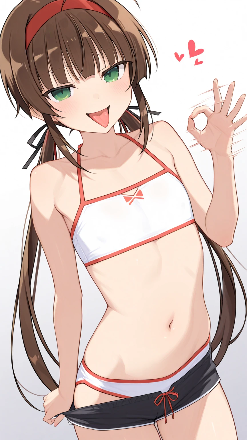 lolita, very long twintails, brown hair, ((bikini)), (((flat_chest))),Crab crotch standing, wide spread_legs, double piece, hands up,