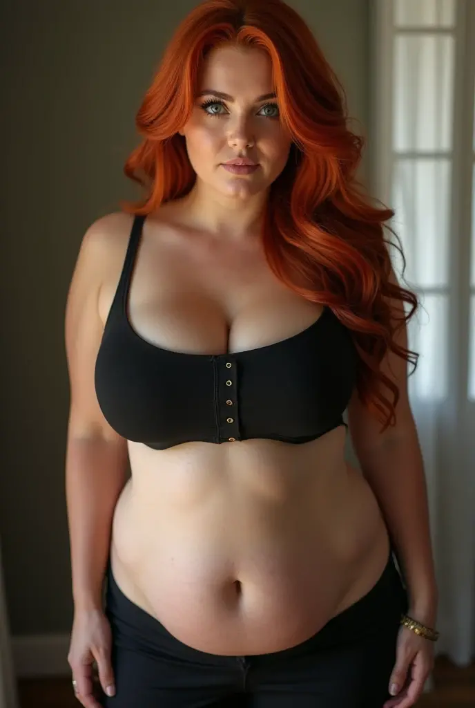 Beautiful Chubby woman, age25, Solo, Aesthetic artwork, irish redhead, wavy ginger hair, shoulder length ginger hair, (green eyes), some small freckles, pale skin, (giant breasts:1.2), curvy body, detailed skin texture, (extremely detailed 8k wallpaper), soft lighting, high quality, film grain, Fujifilm XT3 sharp focus, f 5.6, 50mm, High Detail, Sharp focus,(natural light), (wearing crop top), cleavage, (miniskirt), crazy details, complex details, hyper detailed, voluptuous