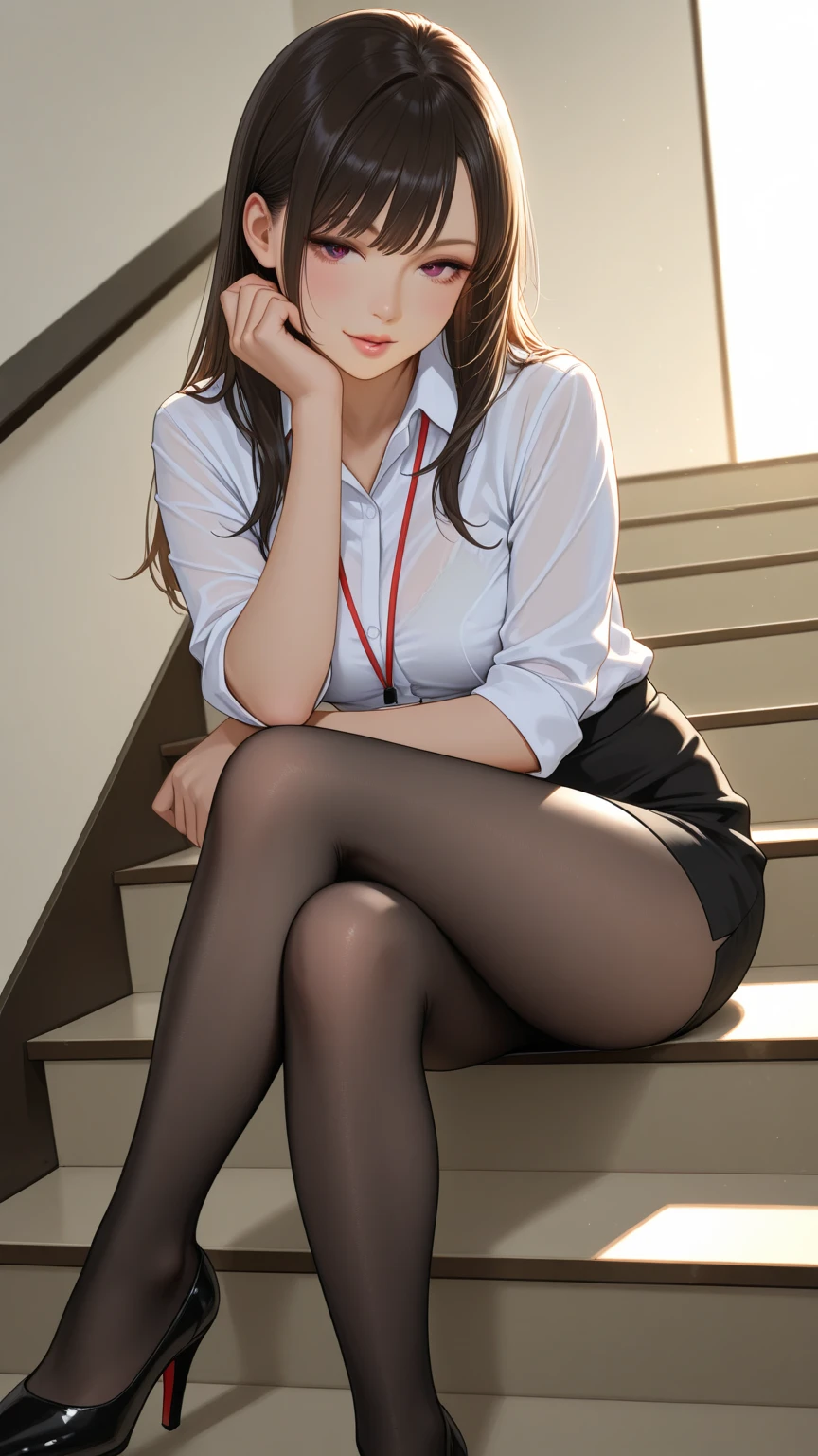 1girl, Show entire body, feet in view, 18y.o. slim, Caucasian female, glasses, freckles, brunette hair in high messy bun, cute smile, American school uniform, stockings, perky , no shoes, sitting on floor, luxurious apartment, huge windows