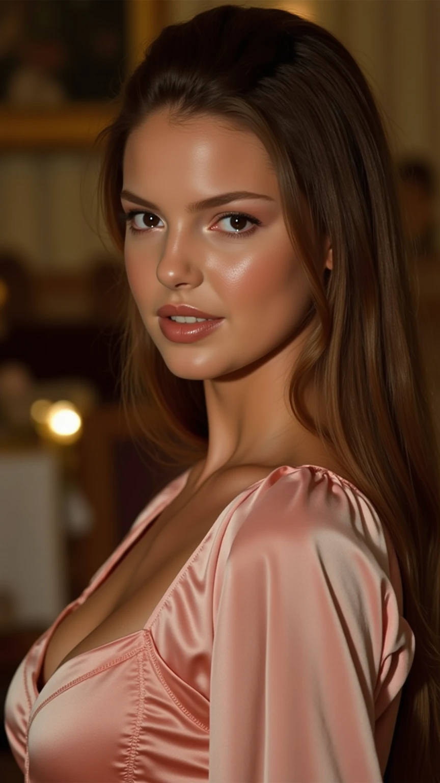 Blond brown hair, (RAW photo), (realism: 1.8), (gloss red lipstick, many eyelashes, dark eye shadow, shy, blushing, high quality, high resolution, depth of collage compound field, chromatic aberration, caustic, wide light, dark pink glossy skin, (21 year old woman), smartwatch, smartphone, stylish college girl, silk pink night drees, skin tight cloths, lots of exposure, posing for photo, visible 8k resolutions,