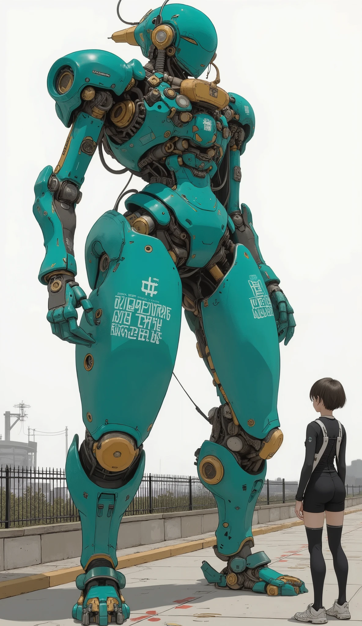 Towering, thought to be a young woman, The turquoise exterior stands in a prominent place in the city, Concrete setting. its design is、It conveys a sense of wonder and technological advancement against a harsh background, Complex machines and gears are displayed at the joints. The robot's head is adorned with elaborate details, A helmet like cover is also included. The natural light above my head casts large shadows on the ground. At the base, Lonely Person, A smooth futuristic robot, I'm looking up in awe or curiosity. I'm wearing a black and white costume casually, contrasts with the bright robot. The environment suggests serenity, Isolated Location, It features a humanoid physique with articulated arms and legs {x} The geometric pattern on the concrete floor around the robot is an accent, some of it contains stylized text. A black metal fence is lined on one side, creates an industrial atmosphere. This scene、conveys a sense of wonder and technological progress against a harsh background.