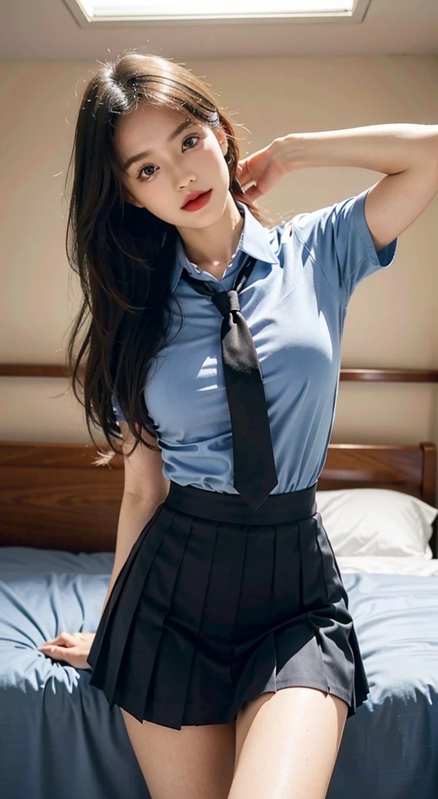 absurdres, RAW photo, extremely delicate and beautiful, masterpiece, Best Quality, ultra high resolution, 32k, hyperrealistic, ultra-detailed, perfect anatomy, super Detailed skin, perfect figure, Super Beauty, Perfect Style, Perfect balance, 20 years old, very small head, very small face, delicate facial features, detailed face, detailed eyes, tearful mole, earring, (very huge round breasts), legs, medium hair, whole body shot, wet clothes, (school_uniform), indoor,