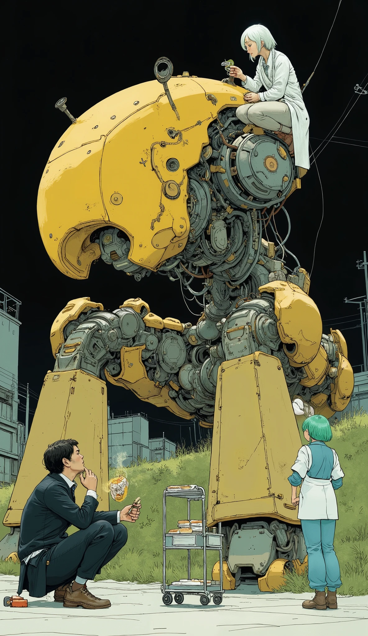 Large, An exquisitely designed robot dominates the scene, 2 people enjoying a meal, yellow, grey, captures a complex, Armored construction. is a woman in casual clothes sitting on top of the robot, obsessed with repairing or adjusting the upper part of the robot. at night, A man in a white coat is operating a robot arm from a green hill, one person contributing to maintenance work.
on the ground, person in a dark suit, depicting a humanoid robot or android, observe movements as if raising the chin and thinking. Another person , wearing white and blue clothes, probably an engineer or technician, is small, wheeled trolley carrying steaming hot meals.
In the foreground, on the right, painted in blue. has bright green hair, adding playful contrast to an industrial setting. This scene is high-tech Combines the elements of everyday life with machines, sense of diligent harmony with visible mechanical parts.