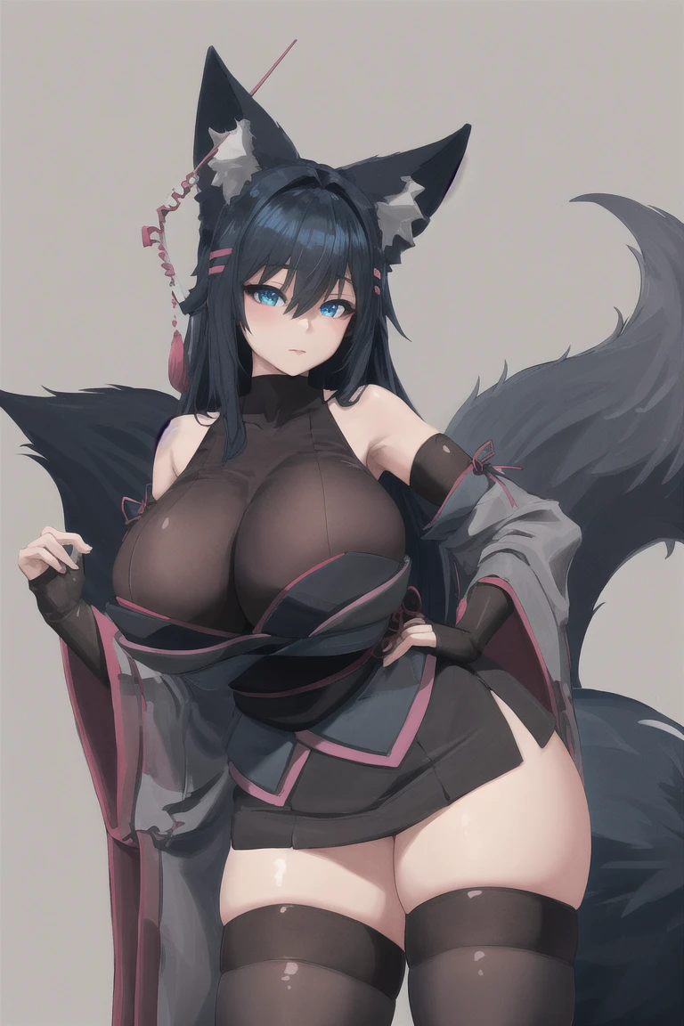 Beautiful black Kitsune, red eyes, highly detailed face, highly detailed eyes, big breasts, sexy figure, mature woman, several black kitsune tails, soft long Black Kitsune ears, Wearing red and black open shoulders kimono, wide waist