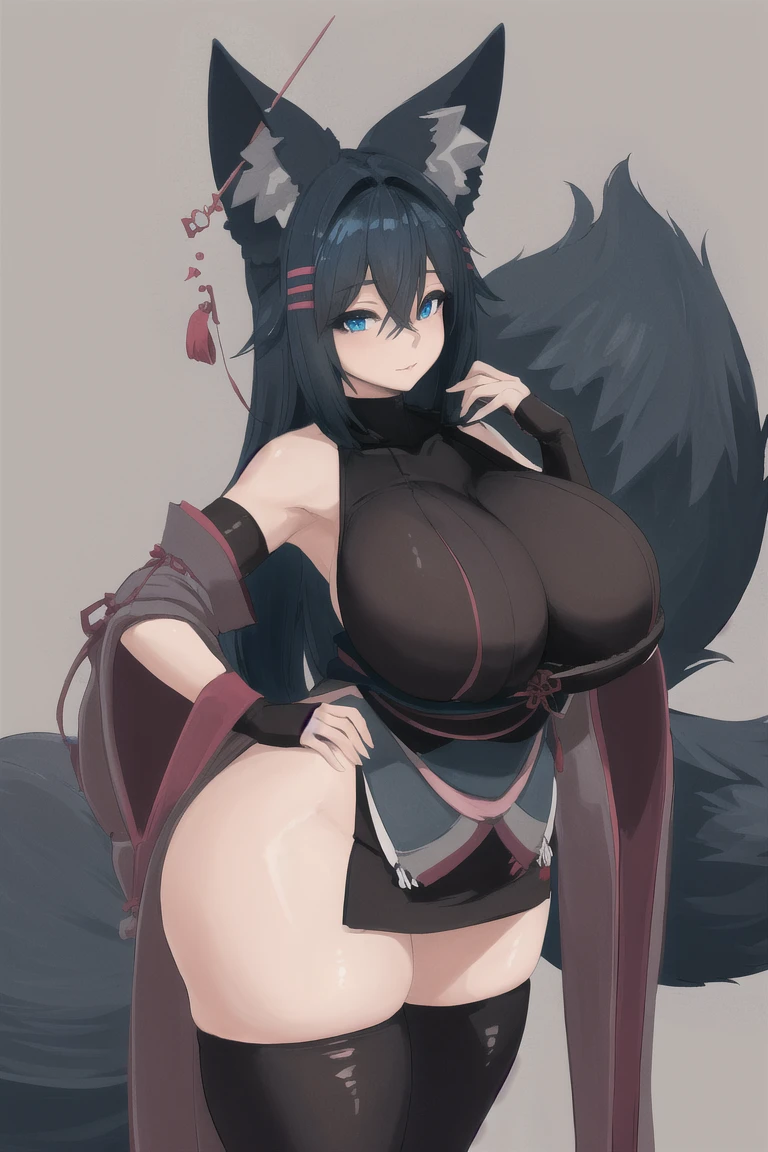 masterpiece, (detailed, highres, best quality), 1girl, gigantic breasts, <lora:spsubresKiri-10o:1> hair between eyes, ear piercing, fox tail, large tail, hairclip, japanese clothes, wide sleeves, elbow gloves, black thighhighs, cowboy shot, grey background, signature, simple background, closed eyes, closed mouth, looking down, solo, undressing