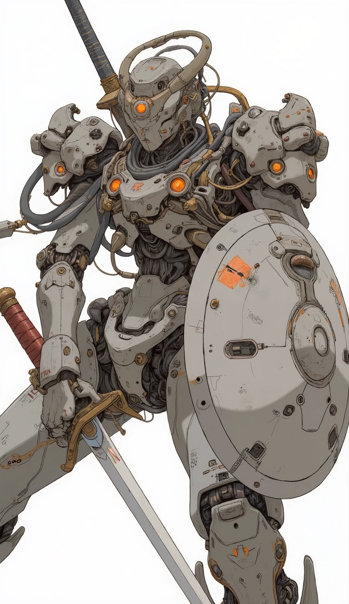 Close up of a robot with a sword and shield, cool Mecha style, greek god in Mecha style, Omegamon concept art , # Mecha, High quality color sketch, Mecha suit, Evangelion Concept Art , アニメ Mecha アーマー, mixed with organic matter, Mecha inspired, full body Mecha suit, modern Mecha anime