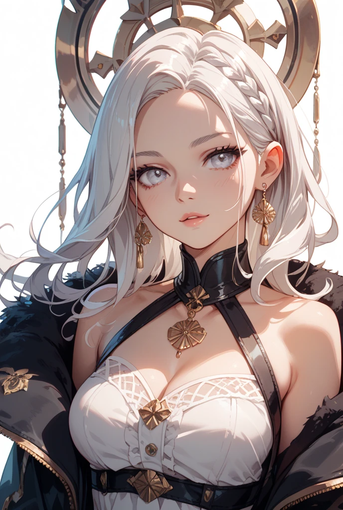 White elf girl, very long flowing hair, white eye color, small eyes, realistic human eye shape, round eye shape, eyeliner, realistic face shape. black lace low cut lace shirt, portrait, wearing a black hood, black background, chest showing, NSFW, Depth of Field. looking at camera, dreamy look detailed eyes, detailed face, detailed skin, Ultra Detailed, Beautiful and Aesthetic, Masterpiece, Best Quality, shoulders showing. lace fabric, round chin shape. wearing black hood over hair. showing full upper body and face. wearing a black hood. hips showing, flairs in background, zoomed out. full body showing. hips exposed, black and gold. 