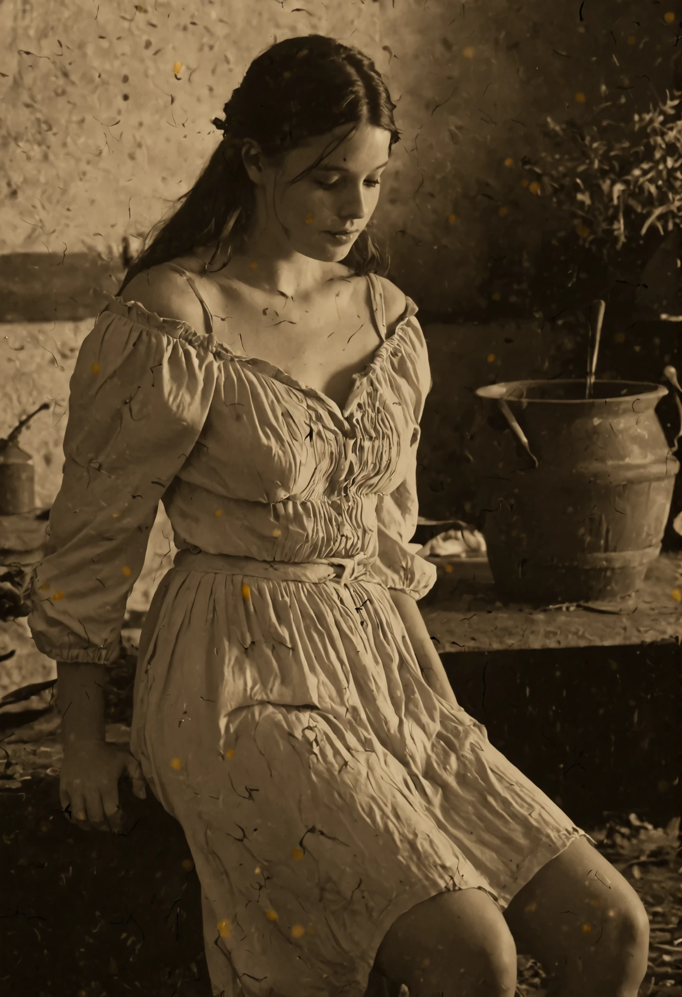 late 19th century American frontier girl, sepia tone, faded colors, heavy film grain, scratched and creased edges, soft vignetting, slight blur, high contrast, vintage silver gelatin print style, full‑body view of a seductive pioneer girl with a lean physique and subtle curves busy drawing water from a wooden well, medium breasts, hidden crotch, fitted calico dress with plunging neckline and thigh‑high slit, off‑shoulder puff sleeves revealing bare shoulders, tousled finger‑wave hair, sun‑kissed glowing skin with subtle sheen, candid slice‑of‑life moment not looking at camera, surrounding rustic objects: cast‑iron pot on hearth, hanging dried herbs, wooden bucket, horse‑drawn wagon in background, rolling prairie beyond, golden hour lighting, earthy muted palette with warm highlights, cinematic soft focus, slight film grain, no modern elements, (thighs, legs, showing off her underwear, long skirt, thighs, her large areolas are sticking out of her cheap looking see through blouse), grinding her panties against a corner of a low table, slightly smile, seductive pioneer woman in a fitted calico dress, slightly slender frame, 
