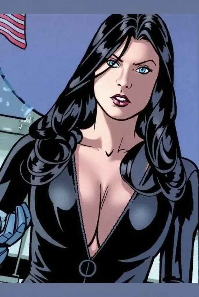 beautiful,eyes green,blue hair, Green johger AND black top, female,1girl, busty. Voluptuos. Comic style. Marvel comics.