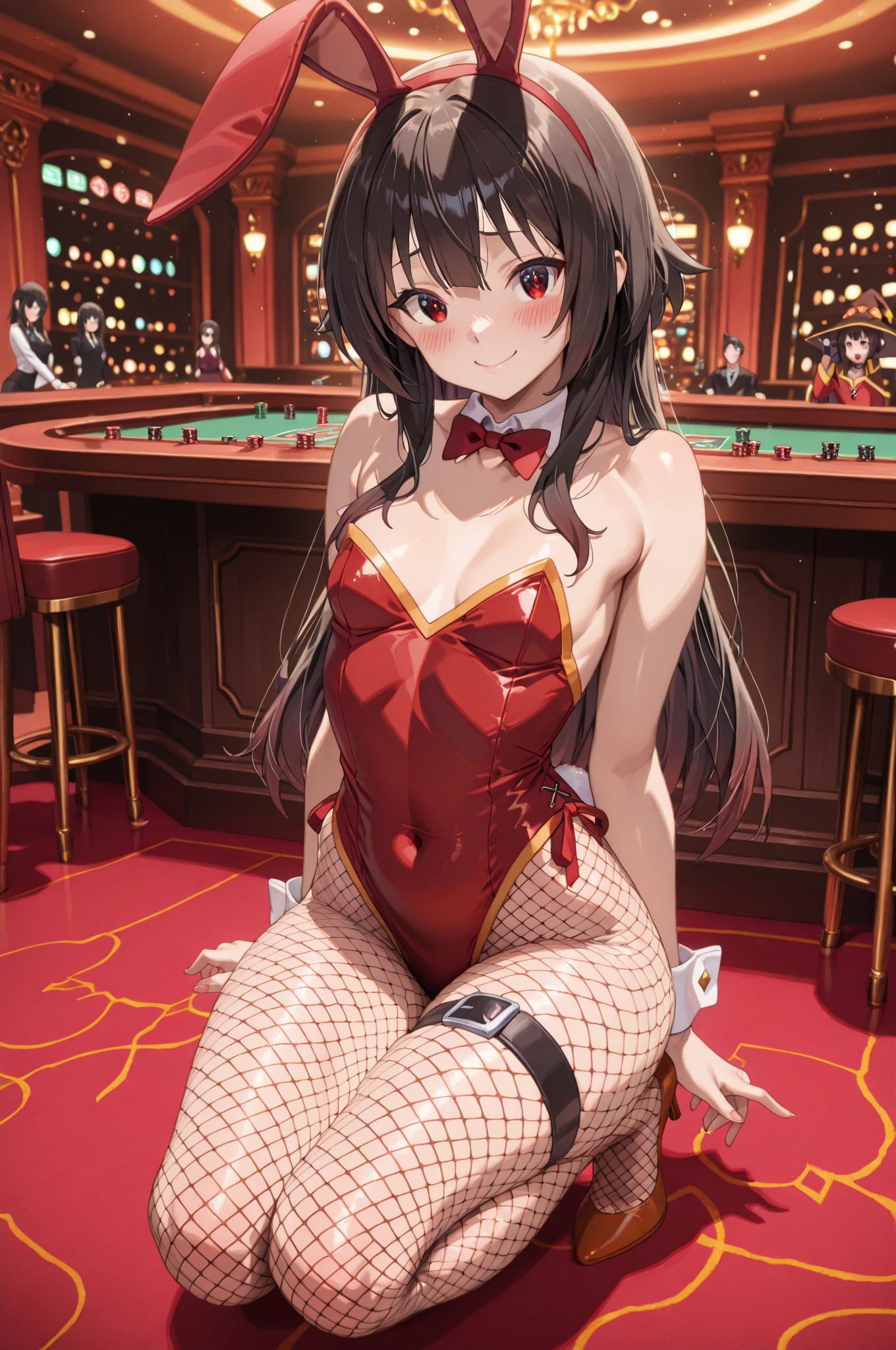 (nipple slip:1.2),shifted top,a girl,strapless leotard,(Bunny girl),(blush,surprised,areolae),(shift down top),large breasts,Fishnet tights,casino,covering breasts,downblouse,(oversized breasts cup)