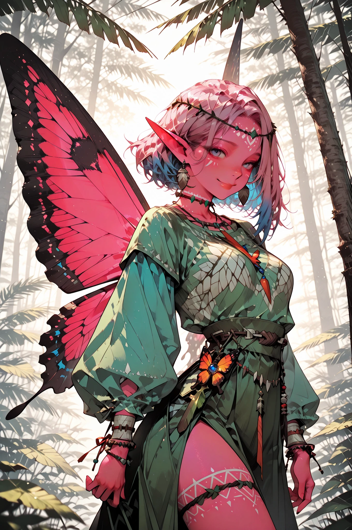 masterpiece, best quality, amazing quality, very aesthetic, high resolution, newest, hyper-detailed, (long shot), couple side walking ((fairys)), disguised smile; mature man blue hair, short hair, short bang hair, ((butterfly wings)), ((Elf ears)) blue skin, tribal clothes); mature woman pink hair, long hair, long bang hair, ((butterfly wings)), ((Elf ears)) pink skin, tribal clothes) fantasy theme, fron to the viewer, fan art, amazing tropical forest background, depth of field